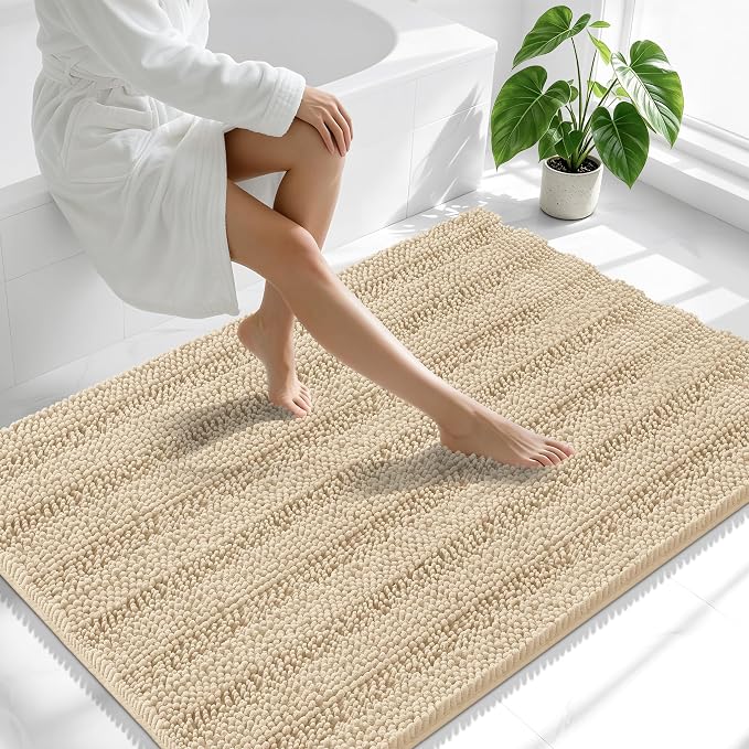 Smiry Thick Chenille Large Bathroom Rugs 40x32, Extra Soft Absorbent Striped Bath Mat, Machine Washable, Rubber Backing, Bath Rugs for Bathroom, Tub & Shower, Home Decor Accessories, Beige