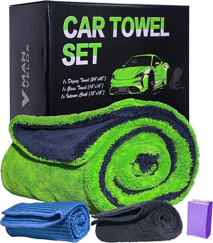Upgraded 1600GSM Car Drying Towel 3-Pack Kit – 48"x24" Twist Loop Microfiber Towel for SUVs Trucks, Includes Glass Cloth & Interior Wipe – Absorbent Lint-Free Scratch-Free Towels Set