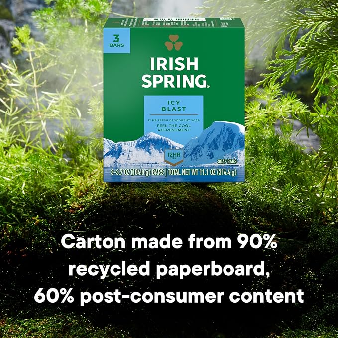 Irish Spring Icy Blast Bar Soap for Men, Mens Soap, Smell Fresh and Clean 12 Hours, Men Bars Washing Hands Body, Mild Skin, Recyclable Carton, 3.7 Oz, (Pack of 48)