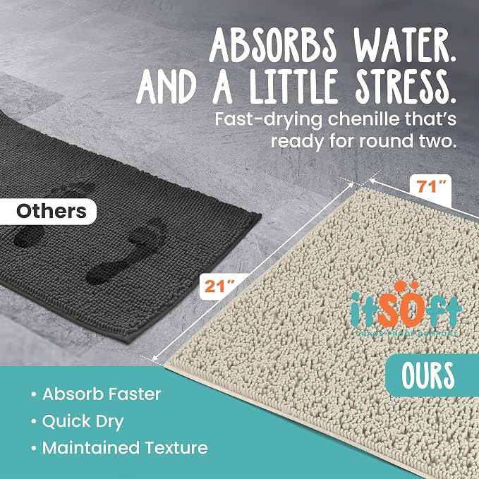 Chenille Bath Mats 71"x21", Plush Absorbent Quick Dry, Soft & Machine Washable, Non Slip Carpet for Bathroom, Thick Bathroom Rugs, Shower Restroom Rug Mat, Alfombras De Bano, Bathrugs