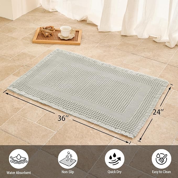 Waffle Bath Mat Non Slip, Boho Bathroom Rug, Super Absorbent Quick Dry Bathroom Mat, Soft Farmhouse Bath Rug with Tassels, Small Washable Shower Mats for Floor 24"x36", Square Light Grey