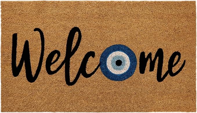 Croft&Cane Welcome Doormat - Evil Eye Coco Coir Door Mat - Non-Slip Dirt Trapping Low Profile Vinyl Backed Front Doormat for Indoor & Outdoor Use - Durable Easy Clean Patio Entryway Mat - 17x30 Inches