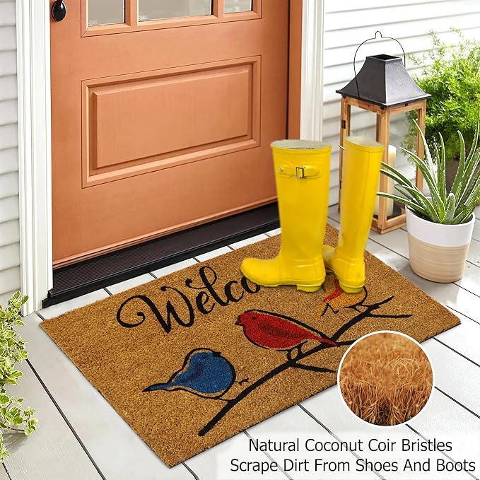 Croft&Cane Welcome Birds Coir Doormat – Non Slip Natural Coco Coir Door Mat - Low Profile Vinyl Backed Front Doormat - Indoor Outdoor Entryway Rug - 17 x 30 Inches