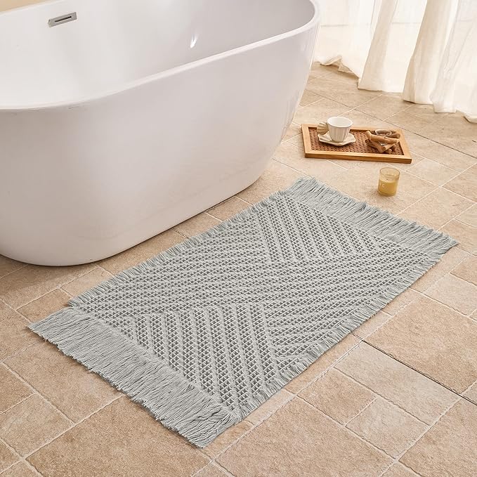 Waffle Bath Mat Non Slip, Boho Bathroom Rug, Super Absorbent Quick Dry Bathroom Mat, Soft Farmhouse Bath Rug with Tassels, Small Washable Shower Mats for Floor 20"x32", Tassels Light Grey
