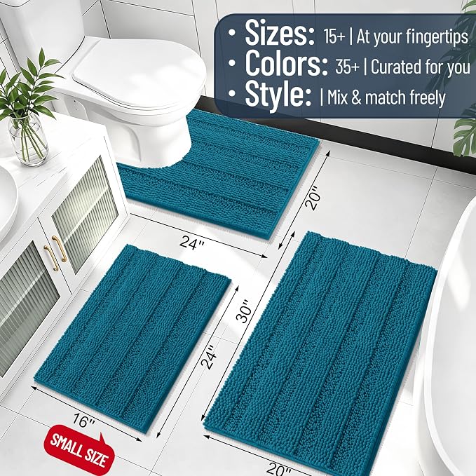Smiry Thick Chenille Bathroom Runner Rugs 44x24, Extra Absorbent Striped Bath Mat, Machine Washable, Rubber Backing, Long Bath Rugs for Tub & Shower, Modern Home Decor Accessories, Peacock Blue
