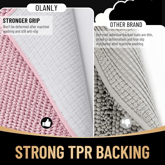 OLANLY Thick Bathroom Runner Rugs 44x24, Extra Soft Absorbent Chenille Bath Rugs, Rubber Backing, Machine Wash Dry, Long Bath Mats for Bathroom, Tub and Shower, Home Decor Accessories, Dusty Rose