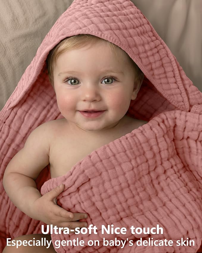 Baby Girl Bath Towels, 100% Muslin Cotton Hooded Baby Towels for Newborn, 2 Pack Baby Towels with Hood for Infant Toddler and Kids, Large 32x32Inch Essentials, Soft and Absorbent Pink Flower