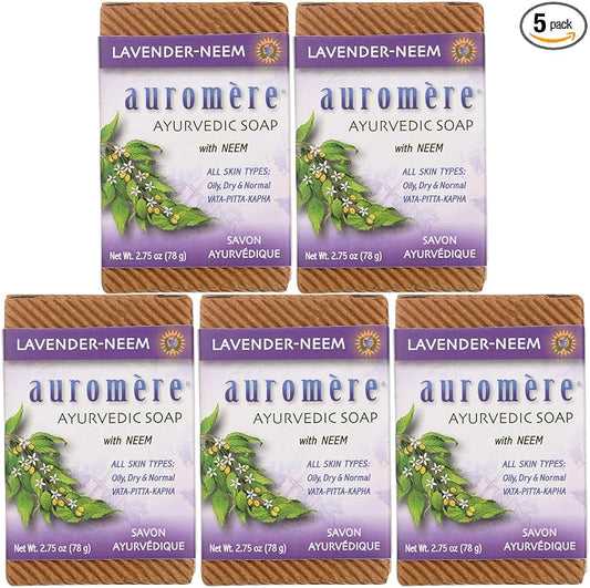 Auromere Ayurvedic Bar Soap, Lavender Neem - Eco Friendly, Handmade, Vegan, Cruelty Free, Natural, Non GMO (2.75 oz), 5 pack