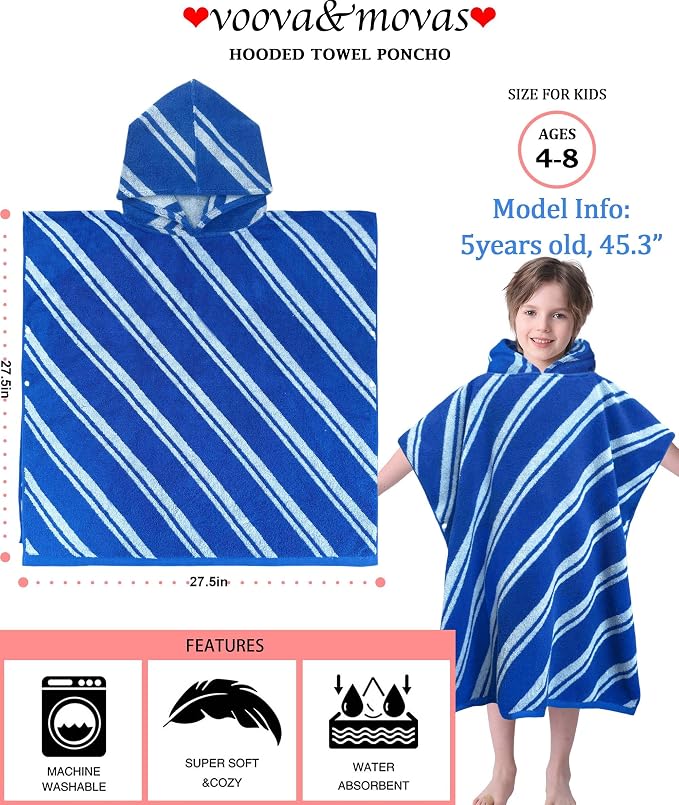 VOOVA & MOVAS Kids Hooded Poncho Towels (4-8Years,27.5"x27.5"),100% Cotton Soft Absorbent Towel for Boys,Perfect for Bathroom | Pool | Beach | Swimming, Jacquard Blue Stripe