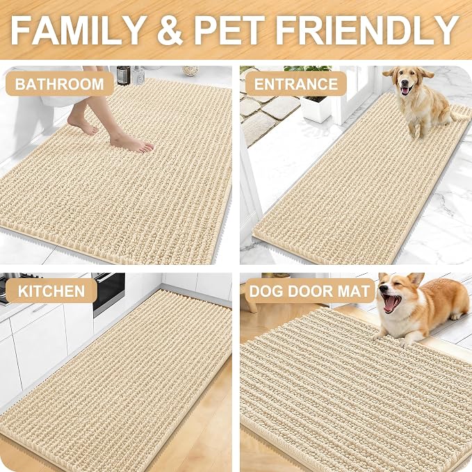OLANLY Bathroom Rug Mat 44x24, Thick Soft and Absorbent Chenille Bath Mat, Non-Slip Rubber Backing, Machine Washable Quick Dry Bath Rugs for Tub Shower Floor, Home Decor Accessories, Beige