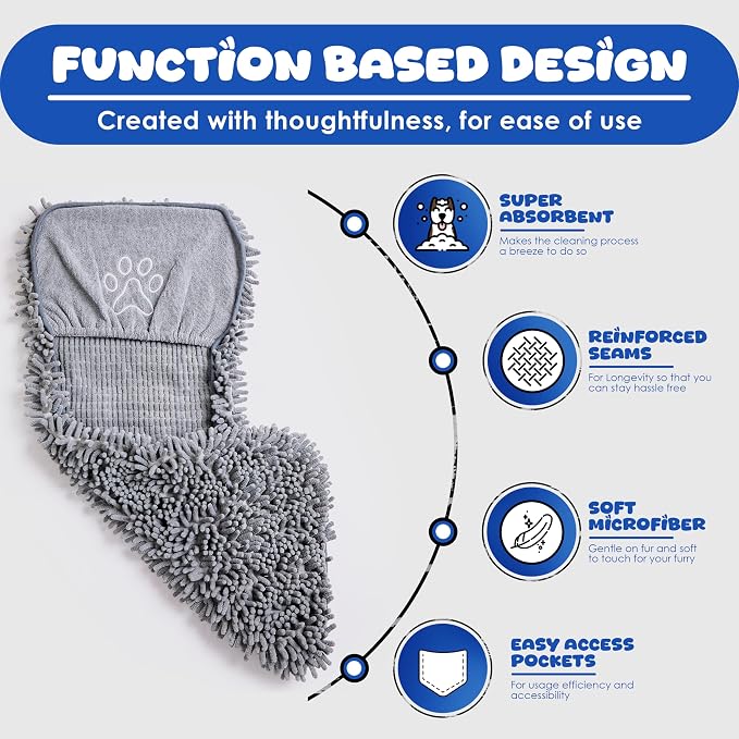 Microfiber Dog Bath Towel, Grey | Super Absorbent, Quick Dry, Hand Pockets, Machine Washable
