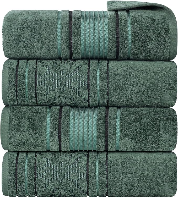 Superior Cotton Bath Towel Set, Large Plush Absorbent Body Towels, Luxury Soft Quick Drying, Shower, Spa, Pool, Guest Bathroom, Home Essentials, Zero Twist, Assorted Design, Set of 4, Forest Green