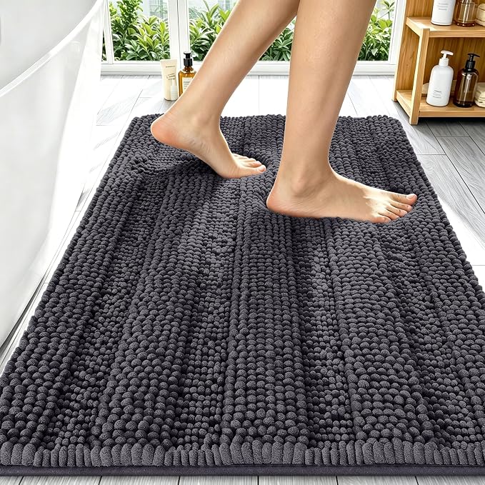 Smiry Thick Chenille Bathroom Rugs 34x21, Extra Soft Absorbent Striped Bath Mat, Machine Washable, Rubber Backing, Bath Rugs for Bathroom, Tub & Shower, Home Decor Accessories, Dark Grey