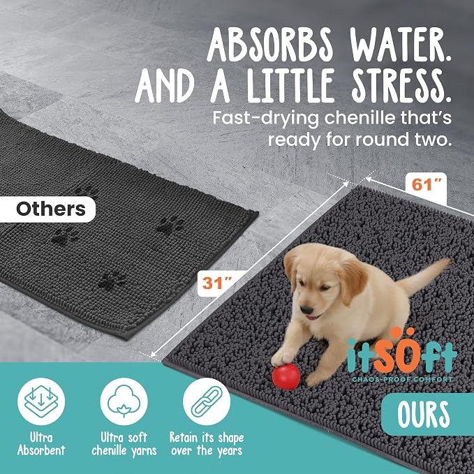 Dog Rugs for Muddy Paws 61x31 | Cleaner Mud Free Floors | Muddy Dogs Mats for Indoor, Dog Mat for Muddy Paws Door Mat Washable, Absorbent Chenille Mud Rug Paw Matt w/ Non Slip Backing, Charcoal Grey