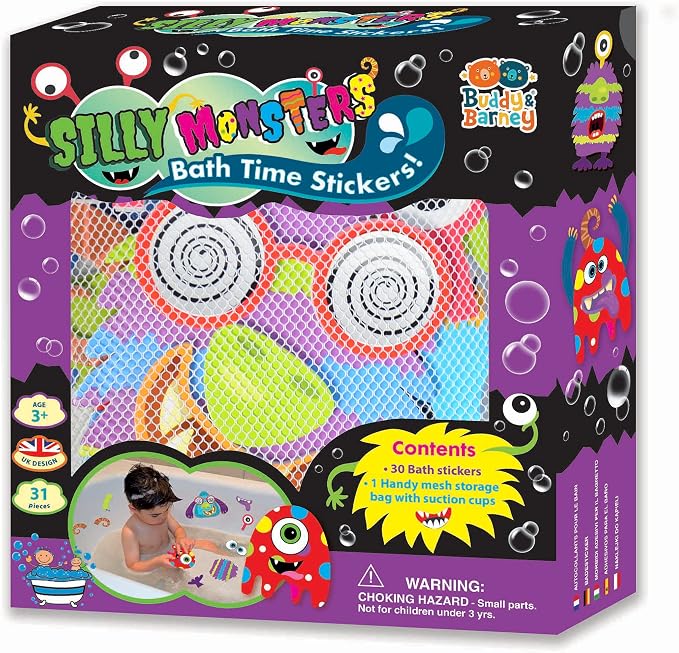 Buddy & Barney Silly Monsters Bath Stickers, Monster Foam Stickers Bath Toy for Children 3+, Pack of 30 Reusable Stickers, Bathtub, Tub, Shower, Boys, Girls, Kids