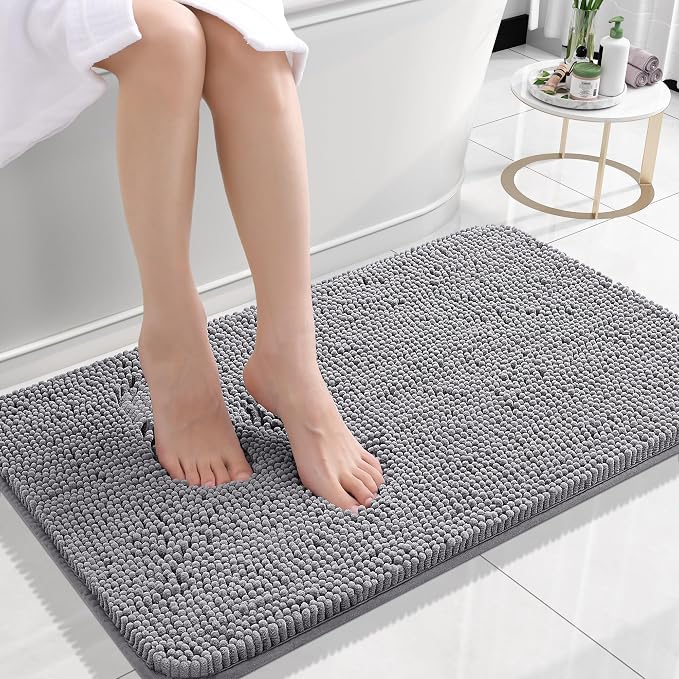 OLANLY Small Bathroom Rugs 24x16, Extra Soft Absorbent Chenille Bath Rugs, Rubber Backing Quick Dry, Machine Washable Bath Mats for Bathroom Floor, Tub and Shower, Home Decor Accessories, Grey