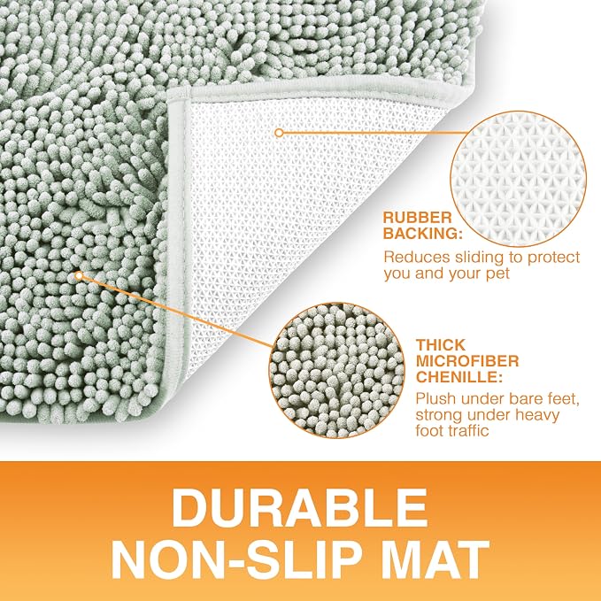 Neater Pets Muddy Paws Dog Door Mat 24” x 17” – Super Absorbent & Quick-Dry Chenille Doormat for Trapping Dirt, Water, Mud - Non-Slip & Machine Washable Pet Rugs for Entryway, Indoor Mud Mats, Green