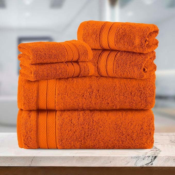Elegant Comfort Luxury 6-Piece Towel Set, Premium Soft 100% Turkish Cotton, Three Line Popcorn Design 2 Bath Towels, 2 Hand Towels and 2 Washcloths Towel Set-Quick-Drying and Absorbent, Vibrant Orange