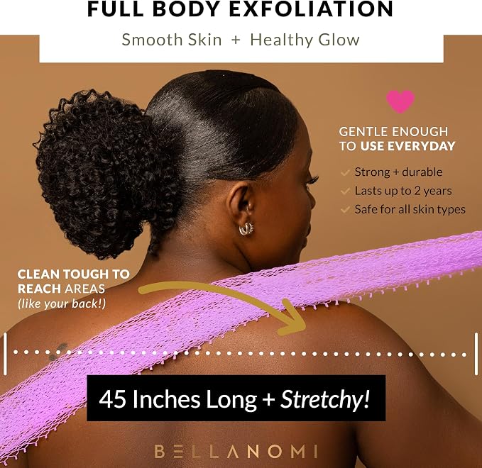 BELLANOMI African Exfoliating Net Sponge, Authentic, Ethically sourced from Nigeria, 45 inches Long, Back Scrubber for Daily use (Lilac)