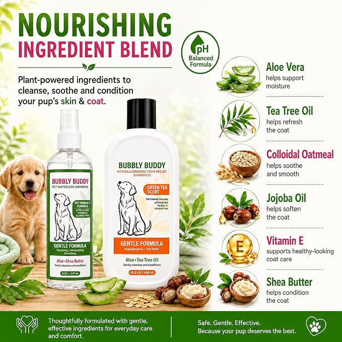 Dog Shampoo Set, Waterless Dog Shampoo Spray 8 oz Lavender & Tea Tree Scent + Hypoallergenic Itch Relief Shampoo 15.5 oz Green Tea Scent, No Rinse Dog Shampoo & Sensitive Skin Care Set