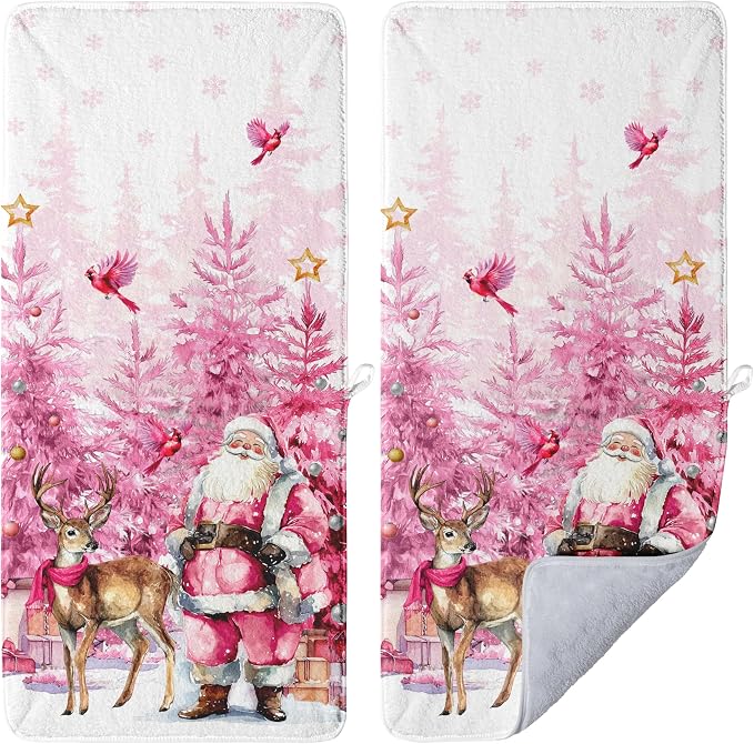 Pink Winter Trees Hand Towel Absorbent Coral Velvet Bathroom Kitchen Towel for Holiday Decoration