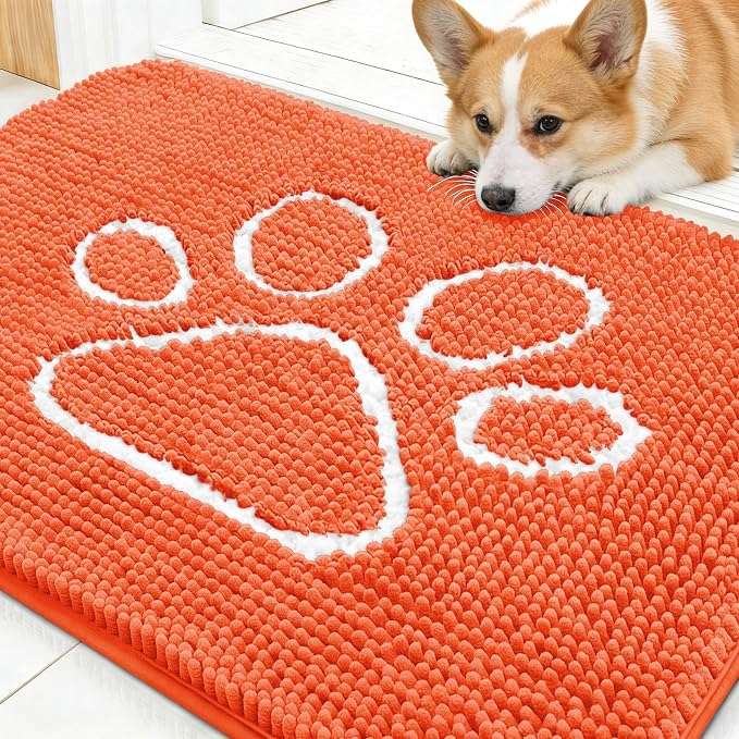 OLANLY Dog Door Mat for Muddy Paws 30x20, Paw Print Design, Absorbs Moisture and Dirt, Absorbent Non-Slip Washable Doormat, Quick Dry Chenille Mud Mat for Dogs, Entry Indoor Entryway Carpet, Coral