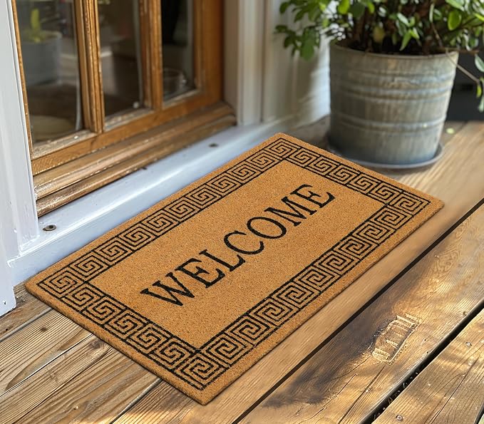 Croft&Cane Welcome Doormat – Non Slip Coco Coir Door Mat with Greek Key Border - Low Profile Vinyl Backed Front Doormat - Indoor Outdoor Entryway Rug - 17 x 30 Inches