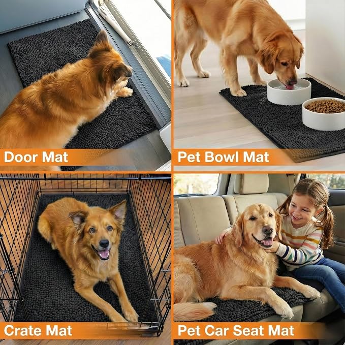 Neater Pets Muddy Paws Dog Door Mat 36” x 24” – Super Absorbent & Quick-Dry Chenille Doormat for Trapping Dirt, Water, Mud - Non-Slip & Machine Washable Pet Rugs for Entryway, Indoor Mud Mats, Black