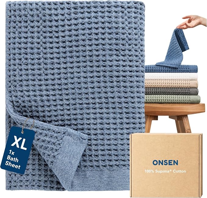 ONSEN Supima® Waffle Bath Sheet, Large, Quick Dry Lint Free 100% USA Cotton, Oversize Lightweight Absorbent Bath Sheet, 38x67 in (Denim Blue, 1x Bath Sheet)