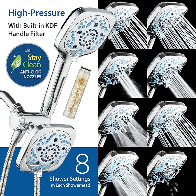 6-way High Pressure 82 Spray Mode Filtered Showerhead Combo - Handheld Shower Head Filters Chlorine to Heal Dry Skin, Revive Hair - Dual Power Wash Cleans Tub, Tile, Pets - Hard Water Softener, Chrome