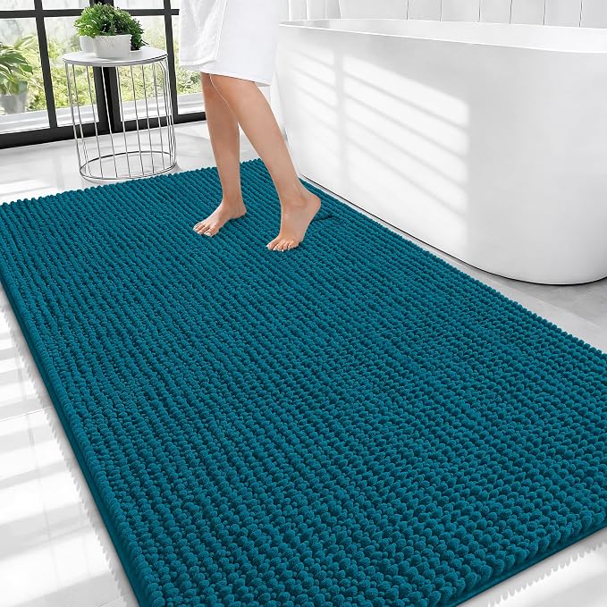 OLANLY Thick Large Bathroom Rugs 44x32, Extra Soft Absorbent Chenille Bath Rugs, Rubber Backing, Machine Wash Dry, Bath Mats for Bathroom Floor, Tub and Shower, Home Decor Accessories, Peacock Blue