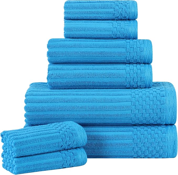 Superior Cotton 8-Piece Solid and Ribbed Towel Set, Face Towels 13” x 13”, Hand Towels 16” x 28”, Bath Towels 27” x 54”, Azure
