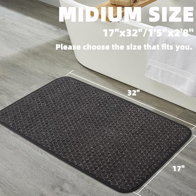 Thin Bathroom Rugs Fit Under Door Quick Dry Non Slip Absorbent Bath Mat with Rubber Backing, Woven Shower Mats for Bathtub, Toilet, Floor, Easy Care, Machine Washable, 17"x 32", Black