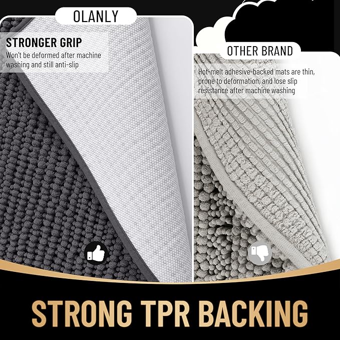 OLANLY Thick Toilet Rugs U-Shaped 24x20, Extra Soft Absorbent Shaggy Chenille Contour Bathroom Rugs for Toilet, Dry Quickly, Machine Washable, Non-Slip Bath Mat, Dark Grey
