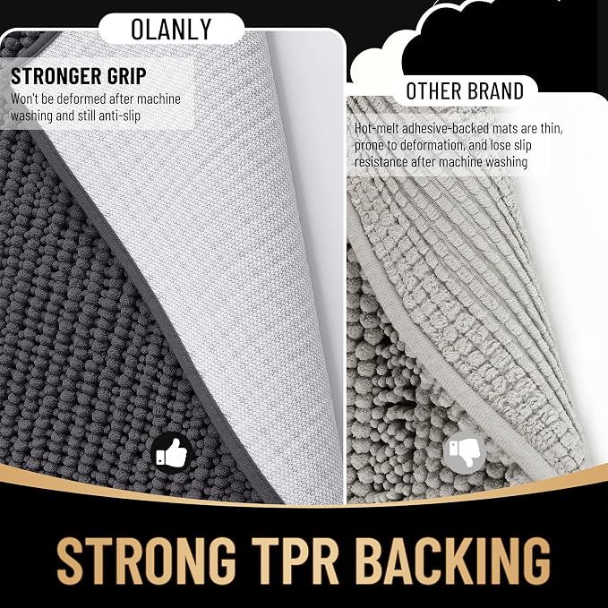 OLANLY Thick Large Bathroom Rugs 44x32, Extra Soft Absorbent Chenille Bath Rugs, Rubber Backing, Machine Wash Dry, Bath Mats for Bathroom Floor, Tub and Shower, Home Decor Accessories, Dark Grey