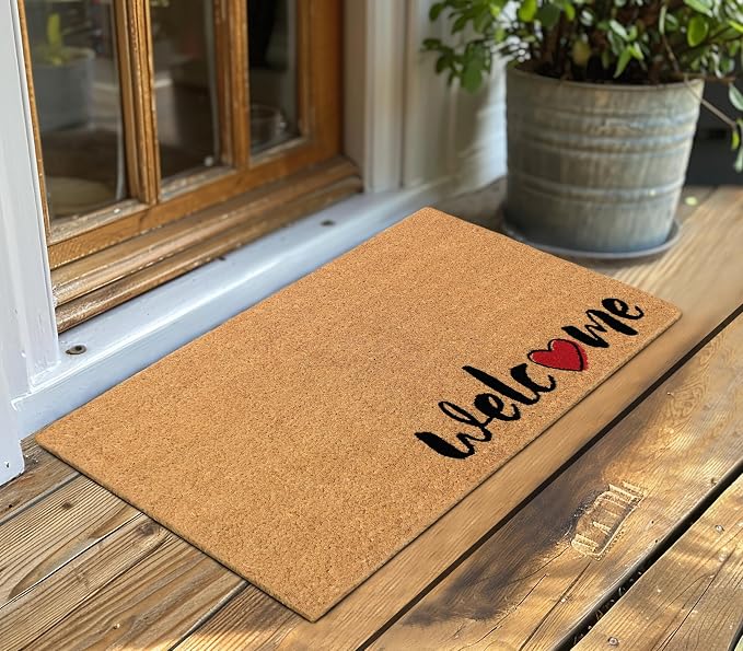 Croft&Cane Coco Coir Doormat - Welcome Doormat with Heart Accent - Non Slip Dirt Trapping Low Profile Indoor Outdoor Front Door Mat for Porch, Patio & Entryway - 17 x 30 Inches
