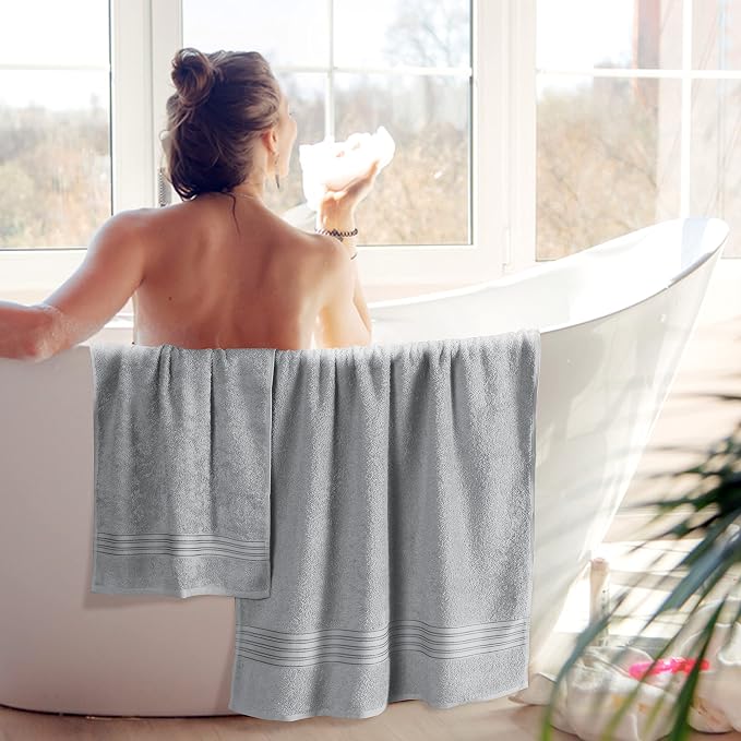 BOUTIQUO 6 Pack Cotton Towel Set, Contains 2 Bath Towels 28x55 inch, 2 Hand Towels 16x24 inch & 2 Wash Coths 12x12 inch, Ideal Everyday use, Ultra Soft Compact & Lightweight - Light Grey