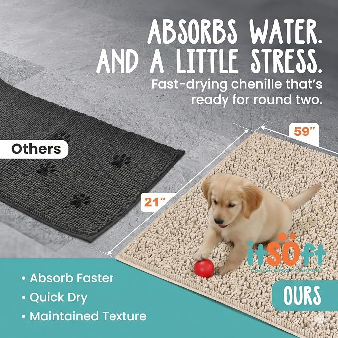 Dog Rugs for Muddy Paws 59x21 | Cleaner Mud Free Floors | Muddy Dogs Mats for Indoor, Dog Mat for Muddy Paws Door Mat Washable, Absorbent Chenille Mud Room Rug Paw Matt w/ Non Slip Backing, Beige