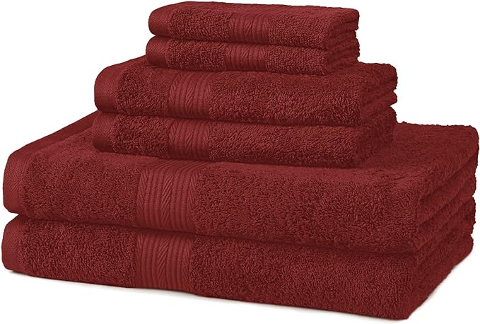 Amazon Basics Fade-Resistant 100% Cotton Washcloths for Bathroom, Soft Absorbent, 6-Piece, Crimson