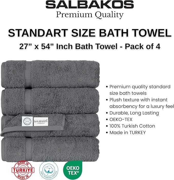 SALBAKOS 100% Turkish Cotton Bath Towels | 4 Piece Turkish Bath Towels Gray 27x54 Standard Size | Premium Hotel Quality, Super Absorbent, Thick, Plush Turkish Towel - Made in Turkey (Gray Pack of 4)