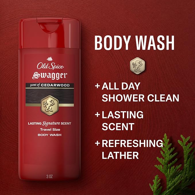 Old Spice Refreshing Body Wash for Men, 3X Defense, 24/7 Shower Fresh with Long Lasting Scent, Travel Size, Red Collection, Swagger with Cedarwood Scent, 3 fl oz