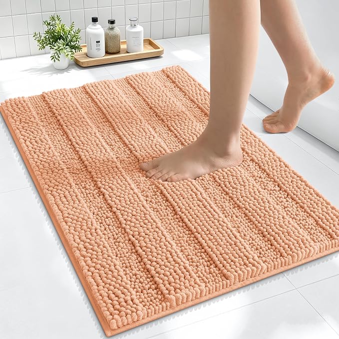 Smiry Thick Small Chenille Bathroom Rugs 24x16, Extra Soft Absorbent Striped Bath Mat, Machine Washable, Rubber Backing, Bath Rugs for Bathroom, Tub & Shower, Modern Home Decor Accessories, Peach