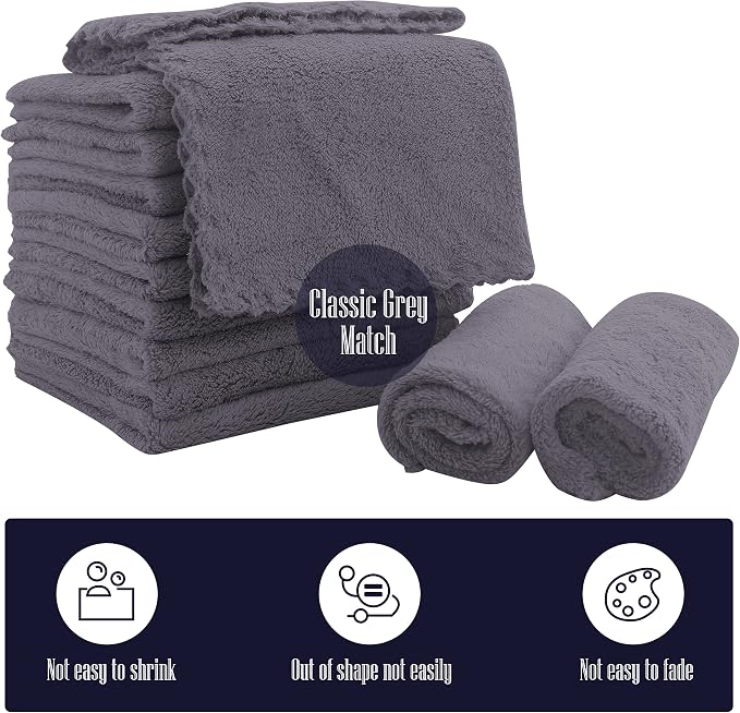 16 Pack Baby Washcloths - Luxury Coral Fleece - Extra Absorbent and Soft Wash Clothes for Newborns, Infants and Toddlers - Suitable for Sensitive Skin and New Born - Baby Shower - Grey, 10x10 Inch