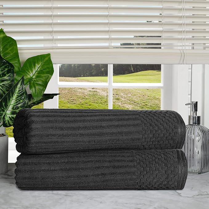 Superior Cotton 2-Piece Solid and Ribbed Bath Sheet Set, Bath Sheets- 34" x 68", Black