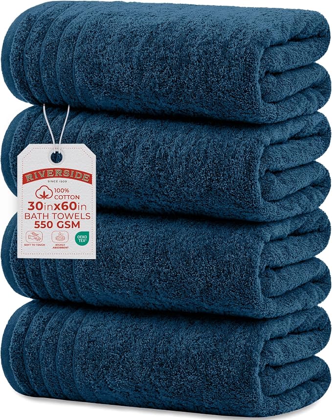 RIVERSIDE Pack of 4 Premium Extra Large Bath Towels 30 x 60 Inches, 100% Cotton, Super Soft & Highly Absorbent, Larger & Lighter Weight, Quicker to Dry, Perfect for Bathroom, Blue Opal