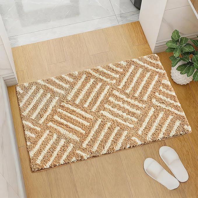 ORTIGIA Striped Khaki Bathroom Rugs Non Slip Washable, 20x30 Quick Dry Absorbent Soft Plush Microfiber Bath Mats, Bath Rugs for Bathroom Floor Carpet for Sink Bedroom