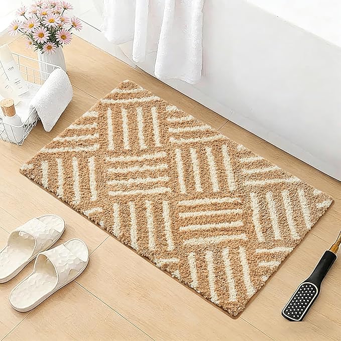 ORTIGIA Striped Khaki Bathroom Rugs Non Slip Washable, 20x30 Quick Dry Absorbent Soft Plush Microfiber Bath Mats, Bath Rugs for Bathroom Floor Carpet for Sink Bedroom