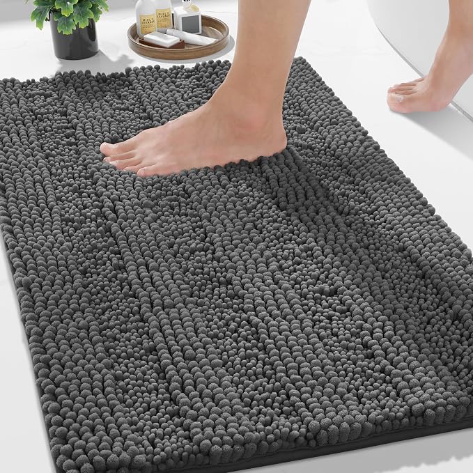 Yimobra Bathroom Rug Mat 36 x 24, Non Slip and Super Absorbent Bath Mat,Machine Washable Quick Dry,Ultra Plush Chenille Shower Rugs for Bathroom Floor Sink Tub and Shower Outside,Dark Gray