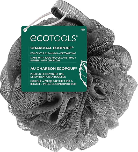 EcoTools Charcoal EcoPouf, Loofah Sponge for Bath & Shower, Infused Pouf, Recycled Netting, Exfoliation Removes Dead Skin, Eco-Friendly Bath Accessory, Cruelty-Free, Color May Vary, 1 Count (60g)