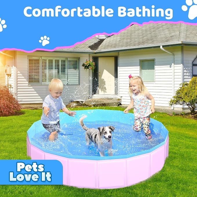 CACSPS 2025 Updated Foldable Dog Pool, 32" x 8" Kiddie Pool with Hard Plastic, Non-Slip Dog Bath Tub for Outdoor Backyard, Collapsible Dog Swimming Pool for Kids Dogs Pets (Pink)